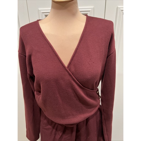 Zara Womens Wrap Dress Large Burgundy Midi V-Neck Long Sleeve Knit - Picture 3 of 12
